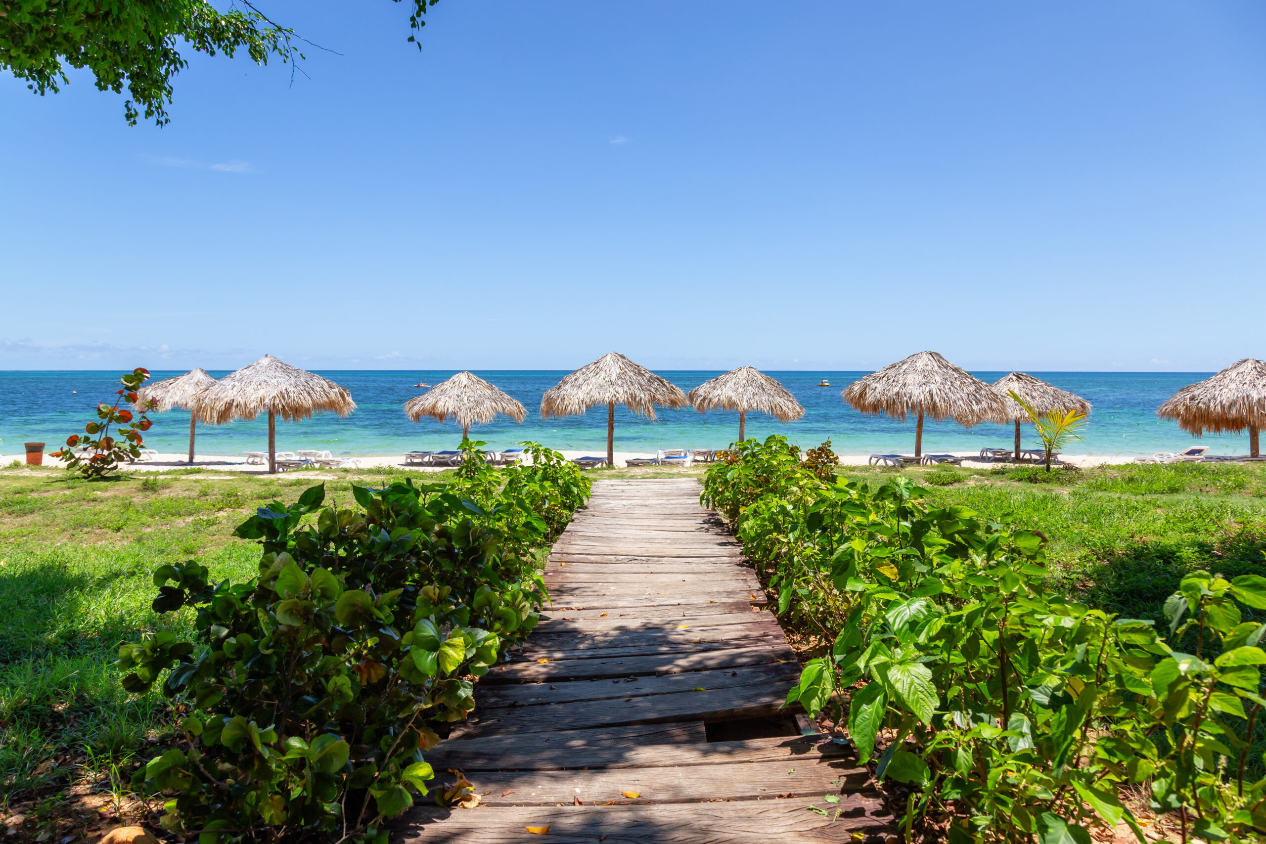 View of a wooden path leading to the sandy beach on the Caribbean Sea in Cuba